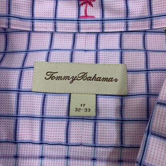 Tommy Bahama Shirt Mens 17 Pink Royal Blue Check Windowpane Cotton Button Up - Picture 5 of 9